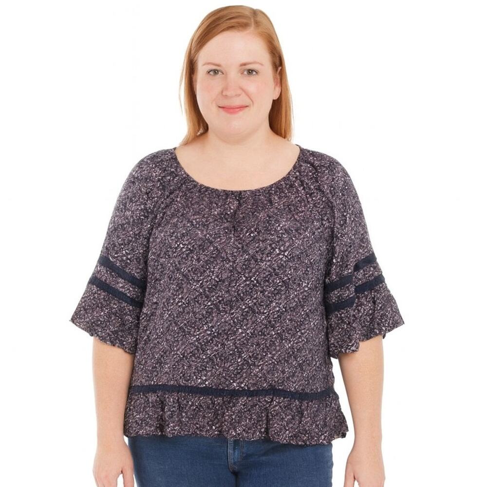 Excellent John Paul Richard Floral Bell Sleeve Ruffle Hem Blouse Women’s Large
